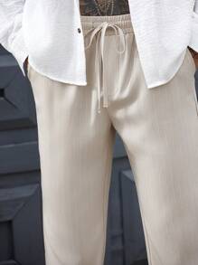 Manfinity Homme Men's Solid Color Drawstring Waist Pockets Casual Pants, Versatile - Apricot - View 5