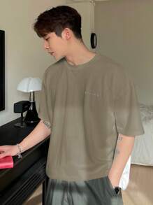 DAZY 男士休闲字母印花短袖T恤，夏季，返校服 - 軍綠色 - 查看 1