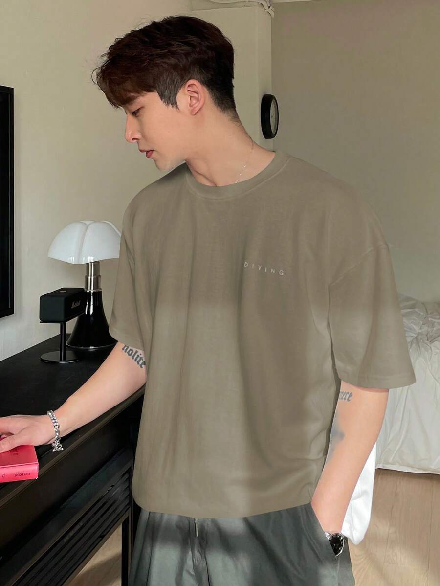 DAZY 男士休闲字母印花短袖T恤，夏季，返校服 - 軍綠色 - 查看 1