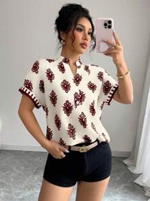 Áo cánh rộng tay ngắn cổ chữ V in họa tiết thanh lịch cho nữ mặc thường ngày/đi làm/ngày lễ (In ngẫu nhiên) - Màu Đỏ Sâu - Xem 6