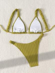 Swim Mod Conjunto de dos piezas con textura lisa, con relleno desmontable y fruncido, ideal para vacaciones de primavera - Verde - Ver 8