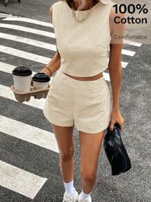 Siren Gaze 2 件套女士夏季休闲纯色露背打结短款上衣和短裤套装 - 卡其色 - 查看 5