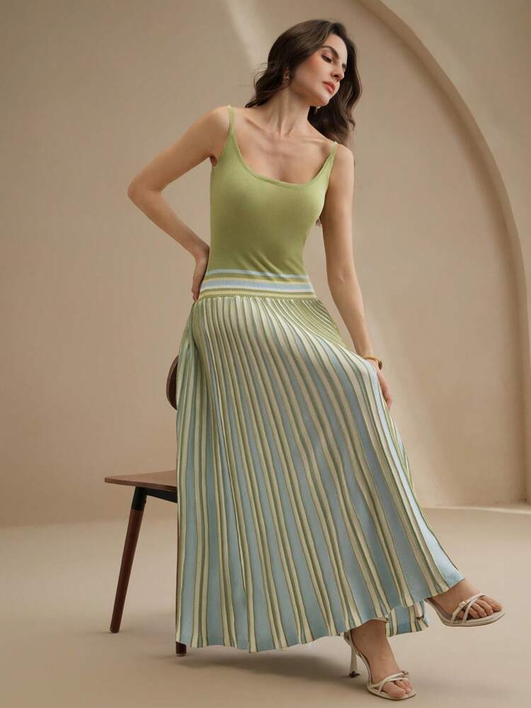 Women's Knit Elegant Casual Strap Patchwork Heavy Pleated Hem Sweater Dress