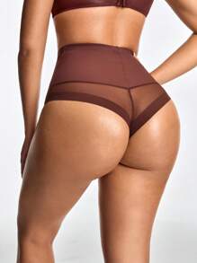 SHAPORA Women Solid Color High Waisted Mesh Patchwork Shapewear Bottom - Brown - View 1