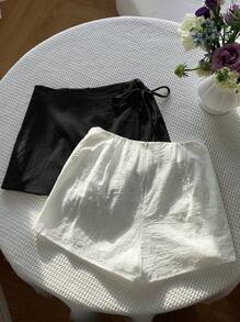 Comfortcana 多色女士侧系带拉链短裙，适合夏季 - 黑與白 - 查看 4