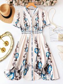 DreamSkyne Women's Elegant White Summer Mini Dress,Collared Short Sleeve Print Sun Dress For Bachelorette Party,Tea Party,Holiday,Business Casual Work Gown - Apricot - View 3