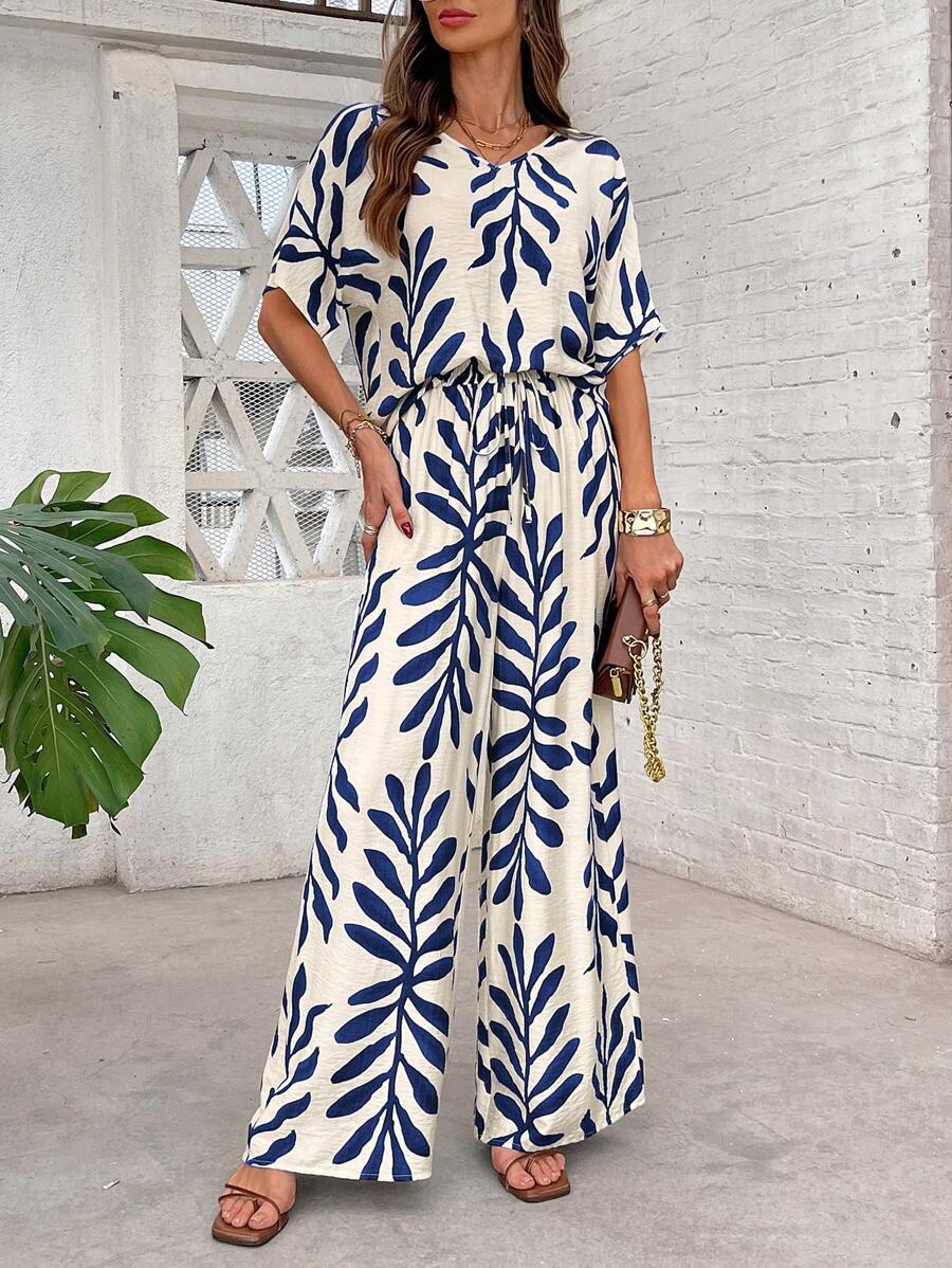 SHEIN Clasi Women Elegant V-Neck Shirt Sleeve Romper & Wide Leg Pants Leaf Print 2 Pieces Set