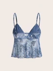 SHEIN ICON 女士碎花荷叶边时尚吊带背心，适合7月4日美国独立日穿着，可爱夏日上衣 - 霧霾藍 - 查看 2