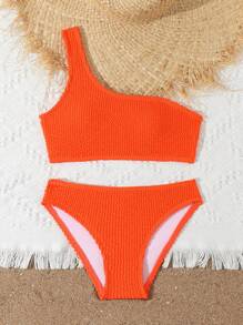 SHEIN Tween Girls' Solid Color Swimsuit 2 Pieces Set, Beach/Vacation Orange Bikini Teen Orange Bikini Orange Two Piece Swimsuit One Shoulder Orange Bikini High Waisted Orange Bikini - Orange - View 4