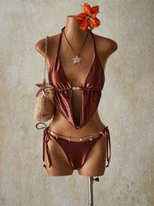 SHEIN ICON Women Boho Beaded Neckline Swimwear Set + Bikini Bottom, Suitable For Vacation And Music Festivals 4th Of July Women Outfits Back To School - Brown - View 1