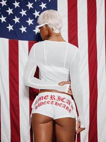 SUMWON WOMEN Statement Long Sleeve Mesh Top Workout Shirt Festival Gothic Text Cropped Fashion Gym Activewear - White - View 4