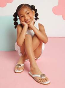 Mini mi Kids' Square-Toe Shell Charms White Pu Seaside Thong Sandals| Ocean-Inspired Play-To-Pool Flip-Flops