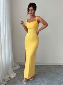 Elenzga Robe élégante à col drapé asymétrique avec volant, fendue, de couleur crème jaune - Jaune citron - Voir 5
