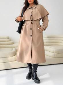 SHEIN EZwear 卡其米色长款斗篷风衣，适合大码女装，夏季、教师、职业女性、秋季、乡村、斯德哥尔摩风格、披风、商务、西部、乡村音乐会、办公室等场合穿着。 - 卡其色 - 查看 5
