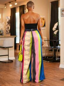 BamGleam 2025夏季新款带口袋撞色宽松大码裤腿复古印花设计创意休闲阔腿裤 - 彩色 - 查看 2