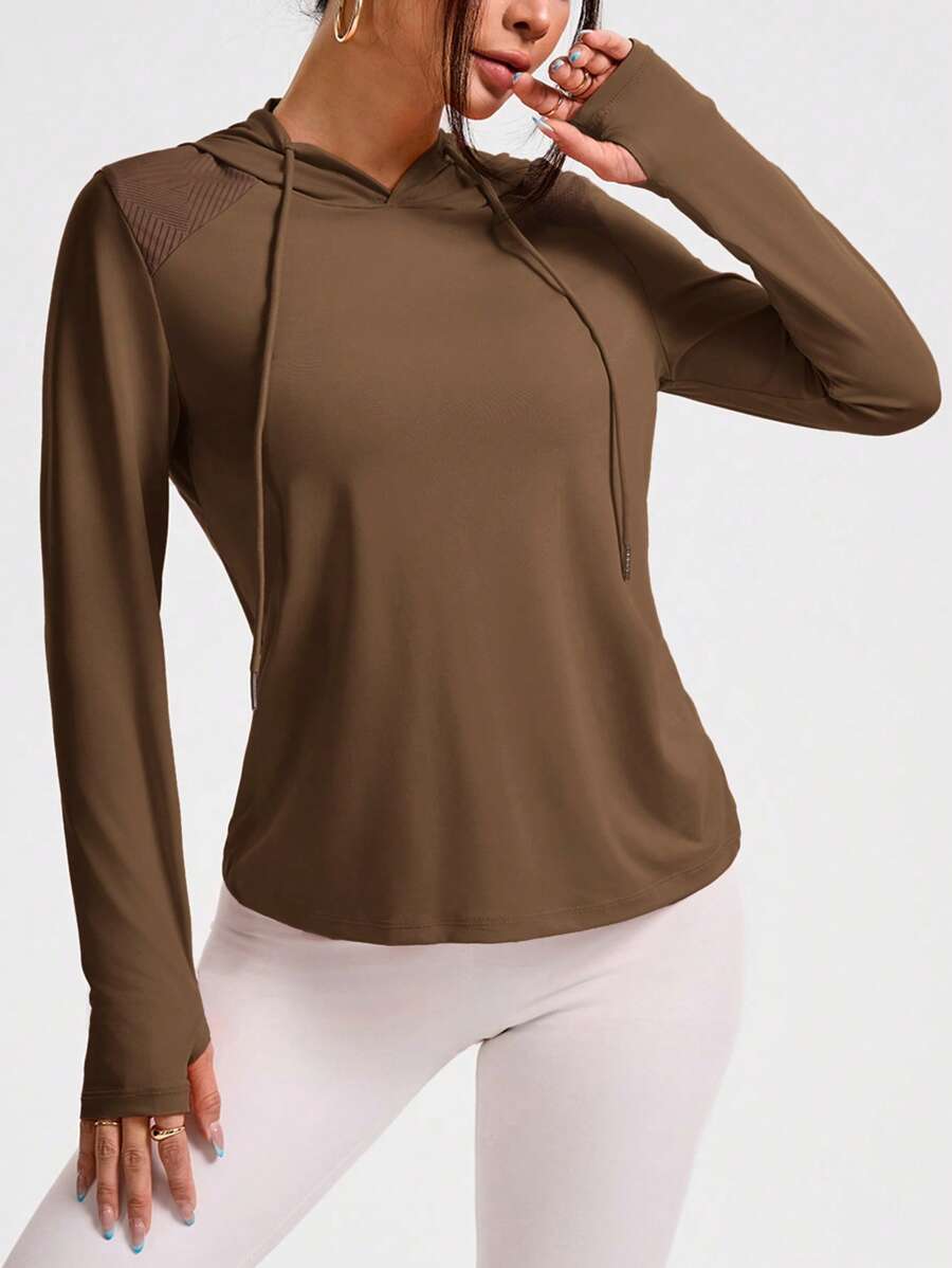 Cheerettes Women's Minimalist Solid Color Drawstring Hooded Sweatshirt - Coffee Brown - View 1