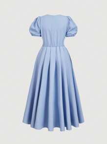 SHEIN MOD Váy dài đến bắp chân, cổ chữ V tay bồng cỡ lớn dành cho nữ, màu xanh, phù hợp cho dịp trang trọng, tiệc sinh nhật, thanh lịch, thường ngày đi làm, đi nghỉ, váy dự tiệc cưới cho nữ, váy dành cho nữ - Màu xanh nhạt - Xem 2