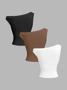 Sweetra 3pcs/Set Asymmetrical Asymmetric Collar Fitted T-Shirt Versatile Casual Tops, Spring/Summer - Multicolor - View 2