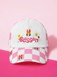 THE POWERPUFF GIRLS X SHEIN Adjustable Cartoon Checkered Print Baseball Cap - White - View 1