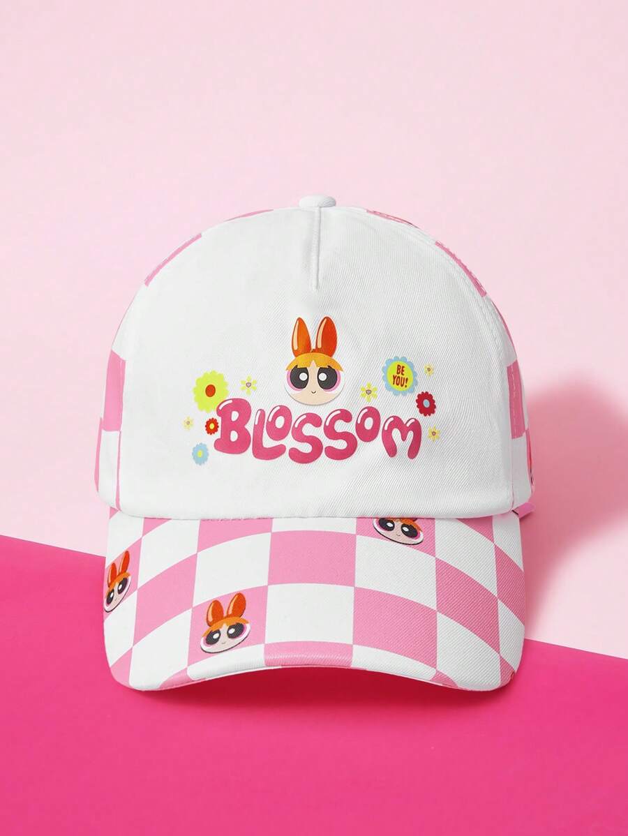 THE POWERPUFF GIRLS X SHEIN Adjustable Cartoon Checkered Print Baseball Cap - White - View 1
