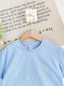 SHEIN LMoss Kids Áo thun cổ tròn rộng rãi thêu họa tiết cho bé gái - Màu xanh lam - Xem 7