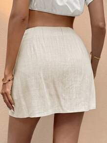 SHEIN Frenchy Váy suông vải lanh màu trơn thắt nơ eo thường ngày cho nữ, váy đi biển mùa hè - Màu be - Xem 3