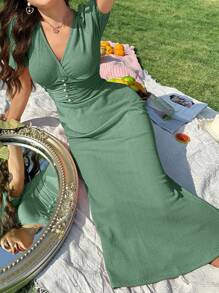 Modelyn Women's Casual Solid Color Short Sleeve Dress, Summer - Green - View 4