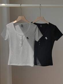 Comfortcana 2pcs/Set Solid Henley Neck Embroidered Slim Fit Short Sleeve T-Shirts, Summer - Grey - View 6