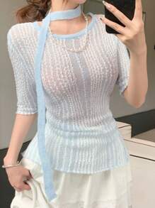 DAZY Women's Contrast Color Crochet Hollow Out Lace Mesh Pullover Short Sleeve Knitted Top With Tie Details, Spring/Summer - Blue - View 2