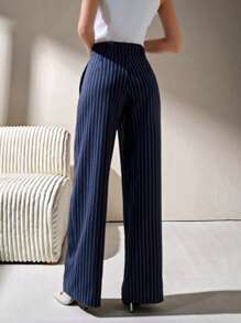 CLARA VERO Pantalones de pierna ancha con rayas azules marinas y detalles de botones para mujer