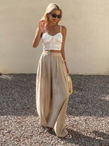 DAZY 扎染宽松度假阔腿裤带口袋，休闲夏季女长裤，教师裤