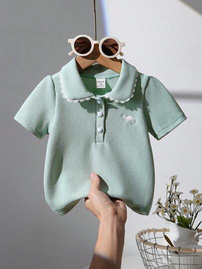 SHEIN 女婴休闲刺绣短袖POLO衫，春夏