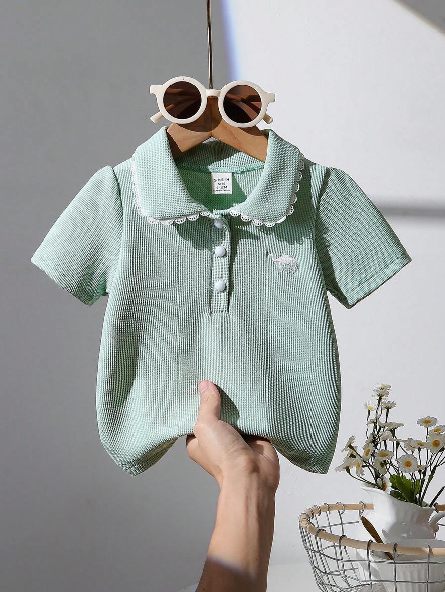 SHEIN 女婴休闲刺绣短袖POLO衫，春夏 - 綠色 - 查看 1