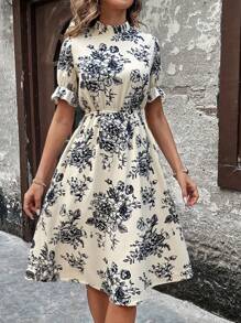 EMERY ROSE 女式热带印花泡泡袖立领连衣裙 长款女装 女式中长连衣裙 女士休闲连衣裙 女士复古连衣裙 女士休闲连衣裙 女士休闲连衣裙 - 黑色 - 查看 5