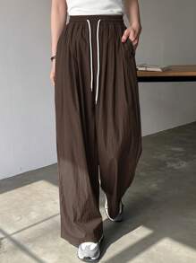 FRIFUL Women's Casual Solid Color Drawstring Waist Straight Leg Pants - Brown - View 4