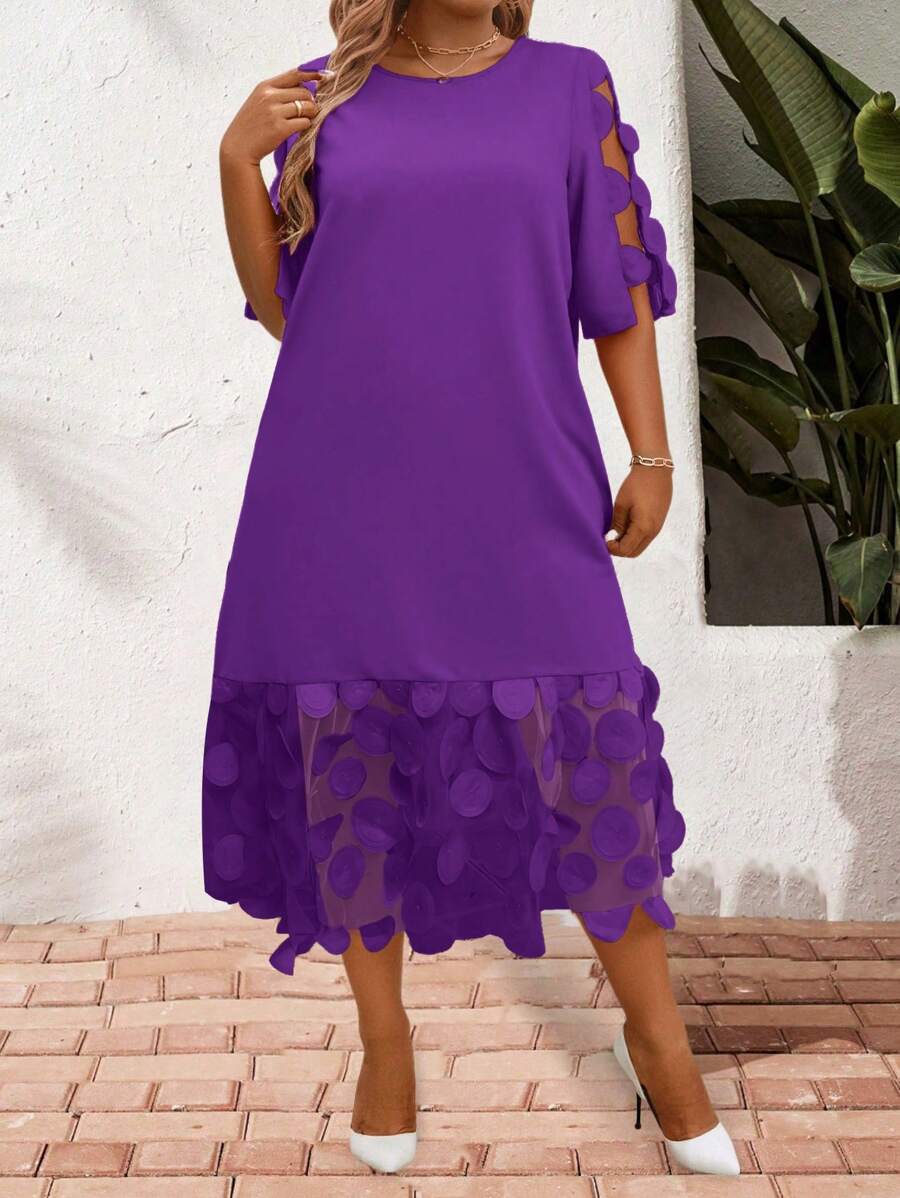 SHEIN Clasi Plus Size Women Mesh Panel Round Neck Short Sleeve Midi Dress - Purple - View 1