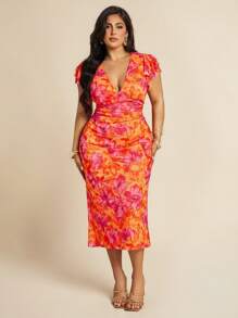 SHEIN BAE Đầm Maxi Không Tay Cổ Chữ V Thêu Hoa Màu Trắng Thanh Lịch Thường Ngày Cho Nữ Size Lớn Xuân/Hè Có Viền Đuôi Cá, Đầm Maxi Dệt Kim Lưới, Đầm Đi Biển Đi Nghỉ, Đầm Maxi Dệt Kim Co Giãn Xẻ Tà Cao Bên Hông - trái cam - Xem 2