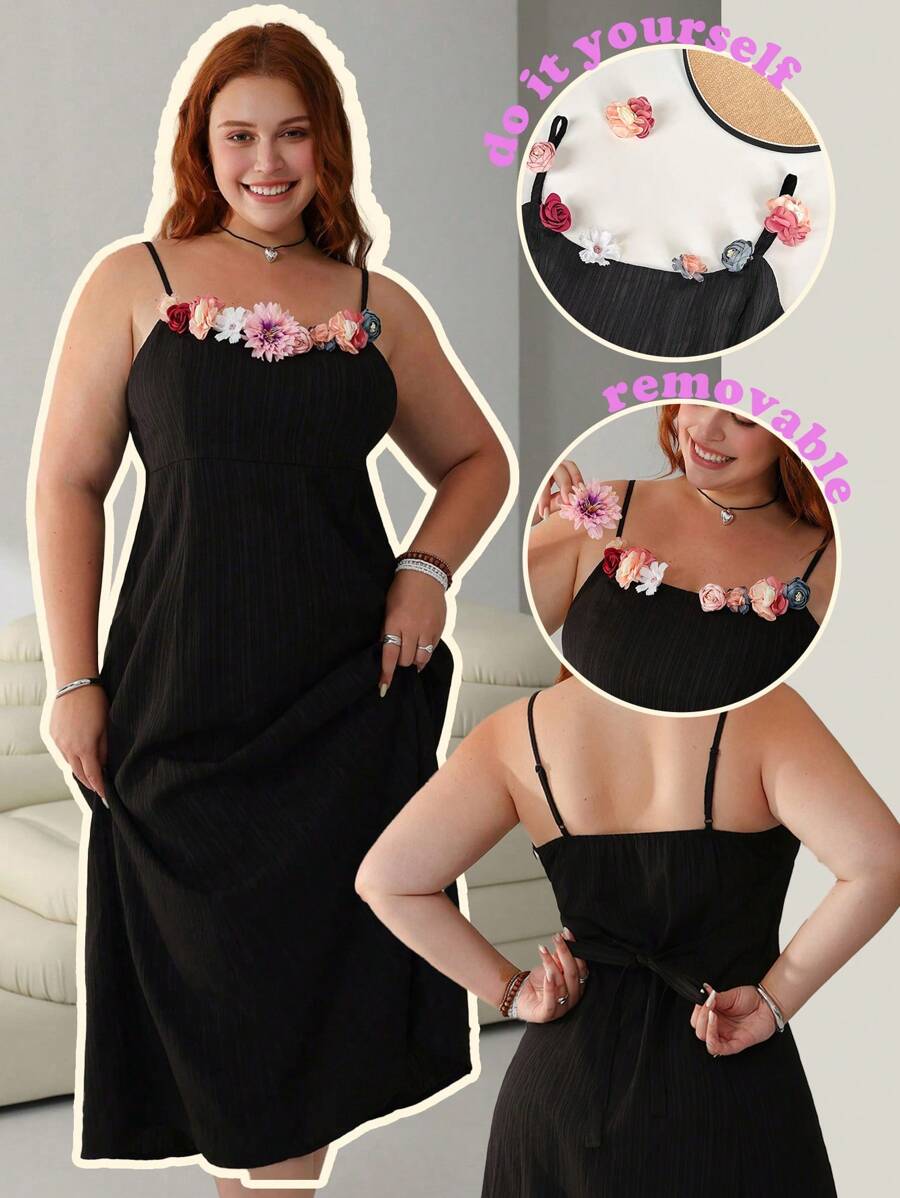 SHEIN EZwear Đầm dự tiệc màu đen họa tiết hoa 3D rộng rãi thoải mái cho nữ cỡ lớn mùa hè - màu đen - Xem 1