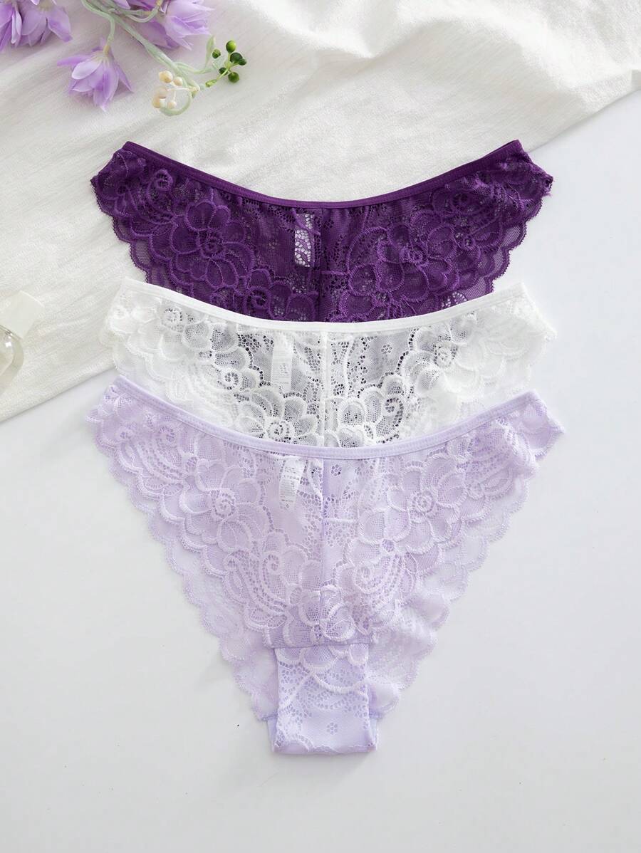 3件装女士简约浪漫蕾丝设计比基尼内裤 - 彩色 - 查看 1