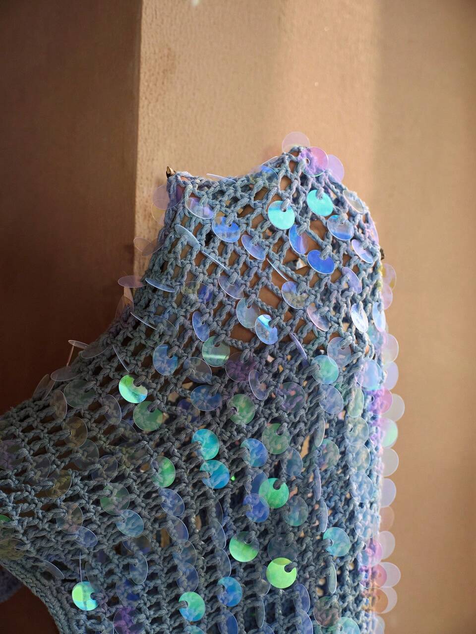 MOTF SUMMER BEACH CROCHET SEQUINS TIE BACKLESS HALTER COVER UP DRESS
