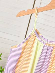 青少年女孩彩虹条纹印花无袖荷叶边下摆休闲夏季度假太阳裙