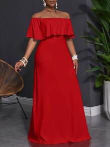 Slaydiva 2025 年新款百搭简约休闲设计露肩荷叶边修身连衣裙，大码女装/秋季女装/大码夏装/七月四日/七月四日女装/Y2K/女装街头服饰/乡村/海滩/俱乐部/教师/亚麻/街头服饰/欧洲夏季/女士夏季服装/女士时尚服装/，长裙红色长裙露肩长裙红色长裙红色露肩连衣裙女式红色长裙 - 紅色 - 查看 8