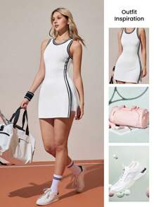 CourtClass 女式撞色圆领开衩系带喇叭 A 字休闲网球高尔夫运动连衣裙，春夏