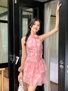 SHEIN LUNE Tie-Dye Organza Print Stand Collar Fluttered Ruffle Hem Floral Sweet Holiday Mini Dress For Women - Pink - View 7