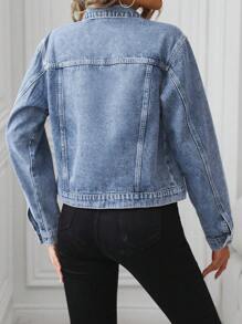 EMERY ROSE 女士休闲破洞短款牛仔夹克 - 淺色水洗藍 - 查看 2
