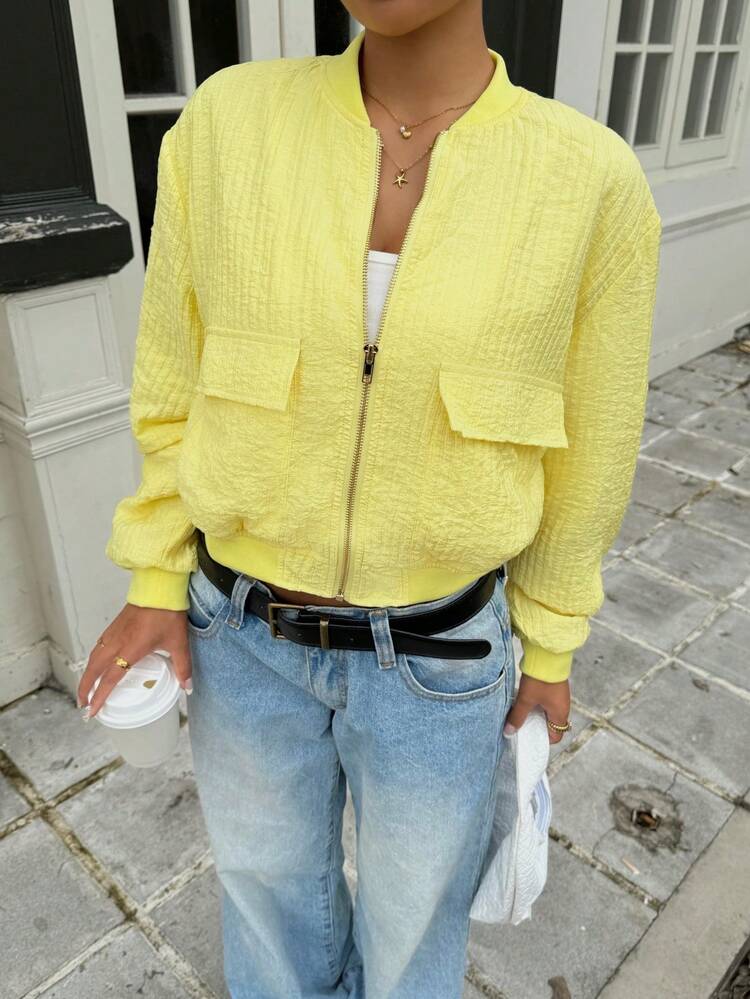 SHEIN EZwear Chaqueta casual/de uso diario amarillo mantequilla corta para mujer para el aeropuerto en otoño - Amarillo - Añade 4