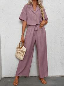 SHEIN PETITE 女士夏季纯色翻领短袖衬衫和裤子休闲套装（2件套） - 淺灰紫 - 查看 5