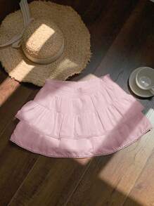 Comfortcana Regular Pink Woven Patchwork Hem Versatile Women Mid-Length Skirt Skirts For Women Summer - Pink - View 3