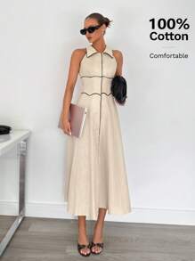 Siren Gaze 女式 100% 纯棉衬衫领无袖撞色边喇叭中长连衣裙，女士亚麻服装 - 杏色 - 查看 2