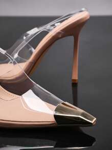 SHUZIA 女士金色装饰方形尖头细高跟单后绑带派对性感优雅裸色透明高跟鞋 - 無色 - 查看 4
